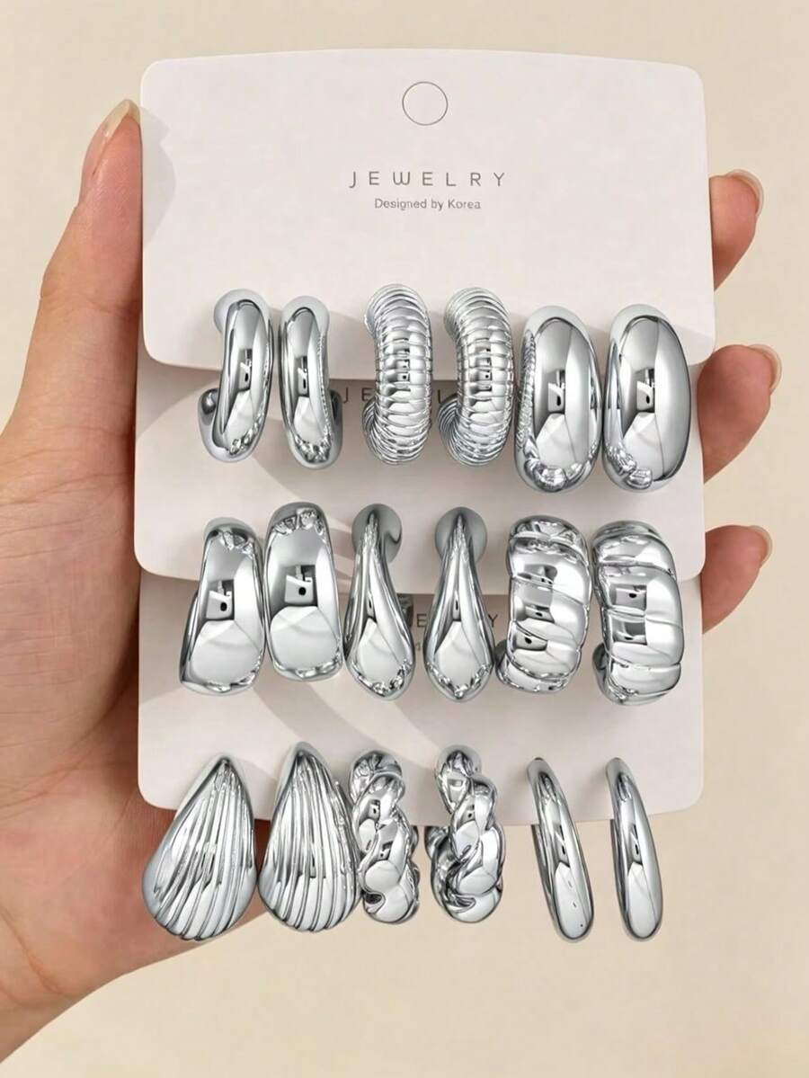6-18pcs Silver Tone Fashion Earrings Set, Stylish And Elegant, Suitable For Daily Wear, Parties And Events - Multicolor - View 1