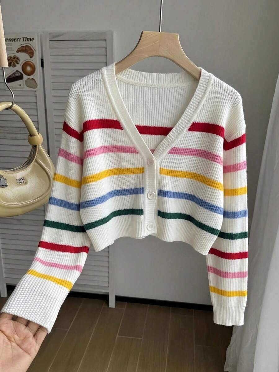 Girls' Colorful Striped Short Knit Cardigan Sweater Jacket, Suitable For Vacation, Party, Spring, Autumn, Winter - Apricot - View 1