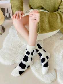 4 Pairs Cute Cow Pattern Plush Round Knitted Socks, Thick Texture, Soft And Comfortable, Suitable For Daily Wear. Ideal For Christmas And Winter Warmth Needs. (4/3/2/1 Pairs) - Multicolor - View 3