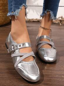 1 Pair Silver Buckle Flat Mary Jane Shoes, Fashionable Collegiate Style - Silver - View 1