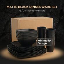 16/24‑Piece Matte Black Dinnerware Set, Reusable Stackable Tableware With Bowls, Plates And Cups, Microwave & Dishwasher Compatible For Home Daily Use, Camping, Picnics - Black - View 5