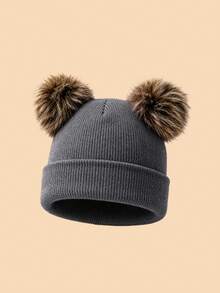 1PC Kids Solid Color Double Pom Pom Basic Cuffed Knit Hat, Multiple Color Options For Fashion Matching, Soft And Elastic Suitable For Autumn/Winter Multiple Occasions, Fits Both Boys And Girls - Multicolor - View 20