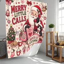 1 pieza/4 piezas Juego de cortina de ducha con decoración de baño vintage rosa de Papá Noel con llamada telefónica multifunción, 12 ganchos gratis, atmósfera festiva premium, alfombra de baño, alfombra de piso en forma de U y tapa de inodoro redonda, adecuado para todas las escenas de decoración navideña - Papá Noel llama por teléfono - Ver 2