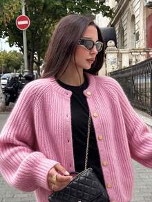 SEREN Comfortable Women's Pink Cardigan, Long Sleeve Regular Fit Crew Neck Sweater, Button Front Design, Suitable For Autumn - Pink - View 6