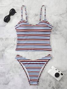 New Spring/Summer French Striped Sexy Casual Elegant Halter Tie Waist Slimming Beach Holiday Party Swimsuit Set - Multicolor - View 2