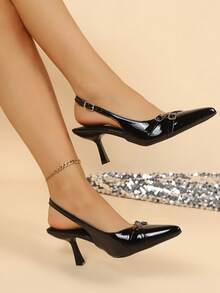 Elegant Pointed Toe Slingback Heels Double Buckle Decor Stiletto Heel Pumps For Party Dating Daily Wear - Army Green - View 2