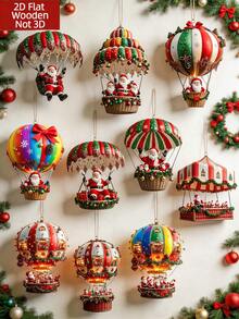 1/10 Stücke Weihnachts-Santa Fallschirm Heißluftballon Holz flache Hängedekoration, Heißluftballon Santa Holz rotierender Schneemann Weihnachtsbaum Feiertags-Hängedekoration Heimdekoration, Holz Heim Garten perfekte Feiertagsgeschenk Dekoration - Mehrfarbig - Übersicht 2