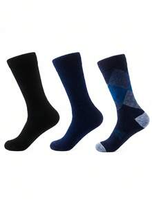 1/3/5/10 Pairs Men's Casual Mid-Calf Socks, Soft Cotton Dress Socks, Colorful Striped Plaid Geometric Pattern, Suitable For Daily Wear - Navy Blue - View 5