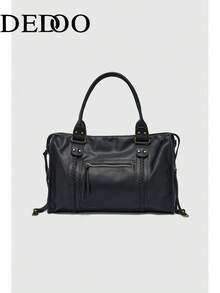 Dedoo Handbag Solid Color Synthetic Leather Braided Detail Front Pocket Vintage Style Daily Use For Women - Black - View 1