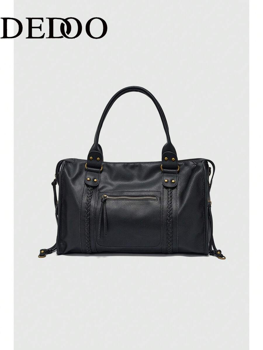 Dedoo Handbag Solid Color Synthetic Leather Braided Detail Front Pocket Vintage Style Daily Use For Women - Black - View 1