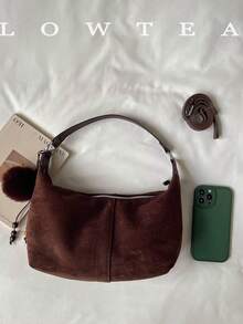 low tea 1pc Minimalist Crescent-Shaped Suede Fabric Shoulder Bag, Suitable For Commuting, Shopping, Etc. (With Pendant) - Coffee - View 4