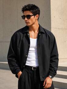 1pc Men's Black Lapel Jacket, Smooth Woven Fabric, Dirt-Resistant And Wrinkle-Resistant, Loose Drop Shoulder Fit, Solid Color Minimalist Casual Style, Suitable For Campus, Commute, Street, Couple Daily Wear - Black - View 4