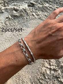2pcs Men's Bracelet Set, Silver Stainless Steel, Waterproof Anti-Fading Hypoallergenic Bamboo Joint Chain Double Layer Bracelet, Personalized Bracelet Suitable For Daily Street Wear - Silver - View 2