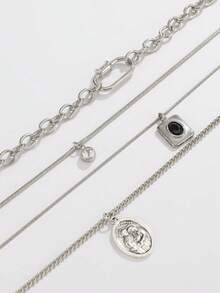 4pcs Men's Necklace Set, Silver Metal, Thick & Thin Chain Geometric Pendant Inlaid With CZ, Hip-Hop Personalized Versatile Necklace Suitable For Party & Gathering Outfits - Silver - View 3