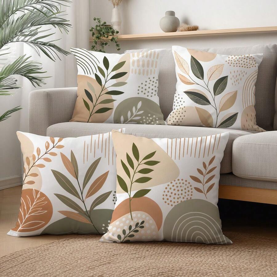4 pièces Housses de coussin à motif géométrique abstrait minimaliste de plante, housses de coussin imprimées sur un seul côté avec fermeture éclair, housses de coussin 45*45CM convenant pour la décoration de la maison, de la chambre, du salon, du canapé, housses de coussin décoratives cadeau de vacances, insert de coussin non inclus - Multicolore - Voir 1