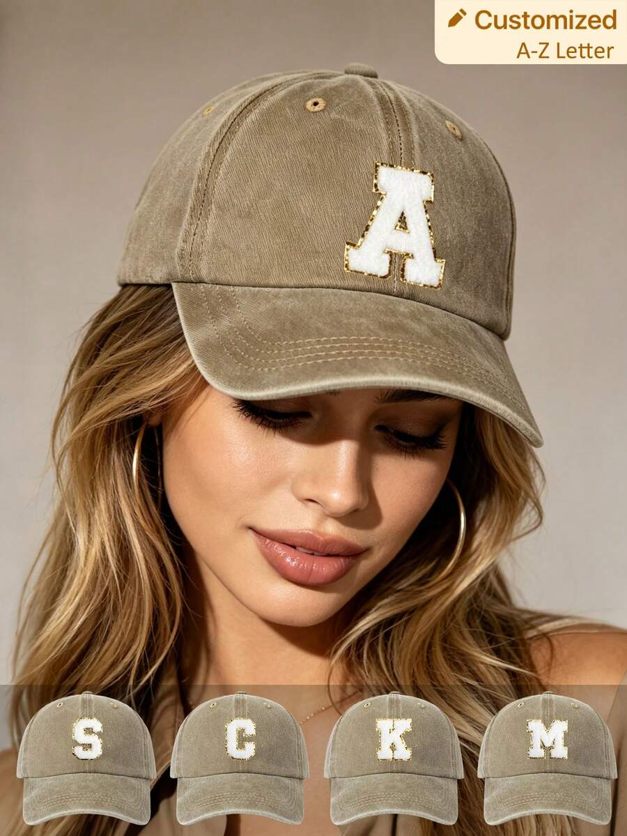 1pc Unisex Vintage Washed Baseball Cap A-Z Letter Print Pattern, Multiple Vintage Colors Available, Soft Texture Adjustable Dad Hat - Khaki - View 1