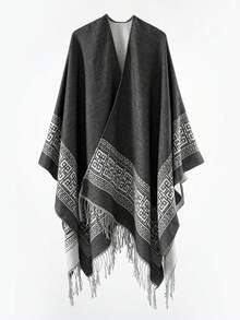 1pc Multi-Color European & American Autumn/Winter Men's Geometric Jacquard Fringe Cape Shawl, Loose Warm Thick Cardigan Scarf 2-In-1 - Multicolor - View 8