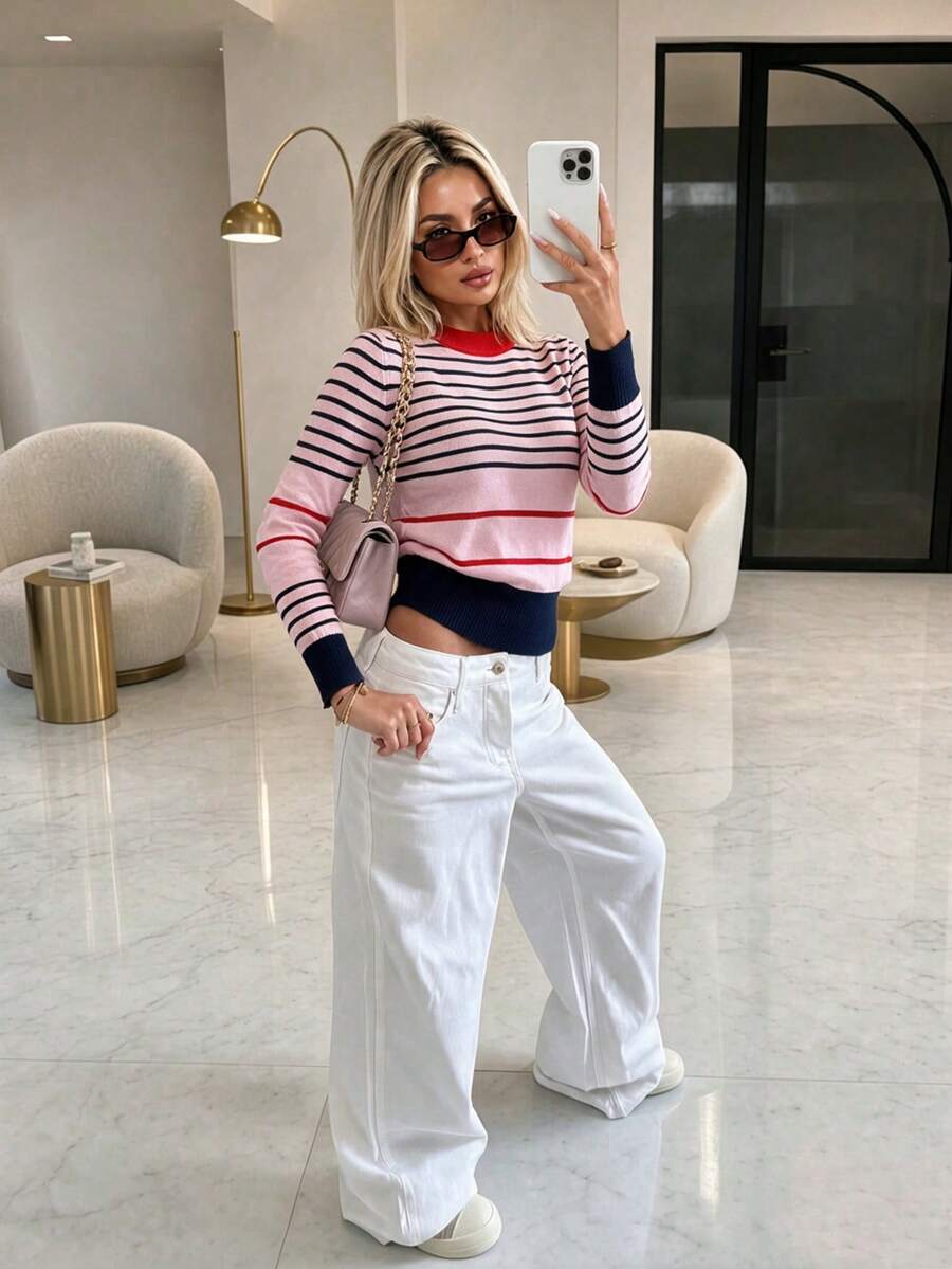 FOR BEAUTY Fall Winter Y2K Elegant Casual French Style Striped Round Neck Ribbed Trim Knit Sweater Tops Women Going Out Vacation Outfits - Multicolor - View 1
