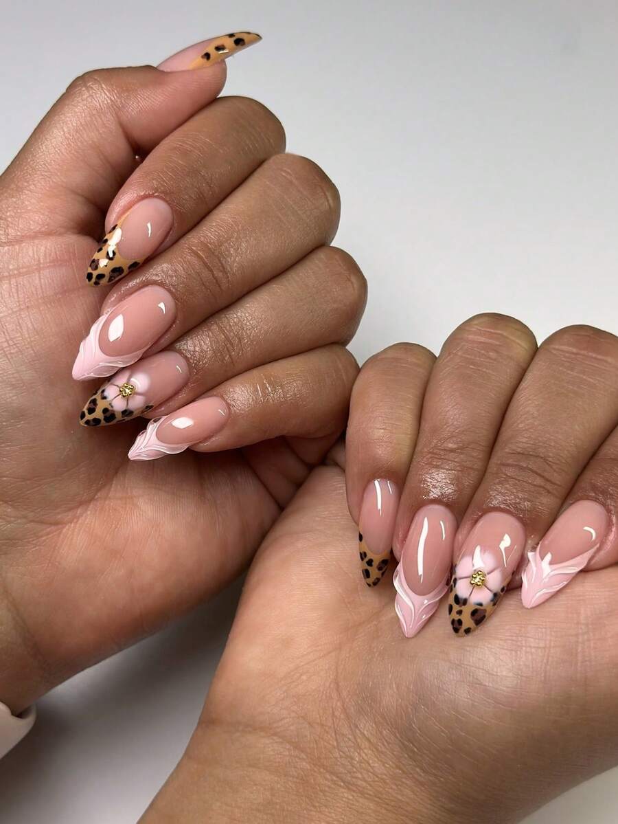 24pcs Almond Shape Press On Nails Leopard Print Pink 3D Flower Lace Fake Nails, 3D Gel Nail Stickers, Nail Supplies,DIY False Nails Y2K Acrylic Nail Kit With Jelly Gel & Nail File,Accessories For Women,For Autumn Party Daily Dating Wear - Multicolor - View 1
