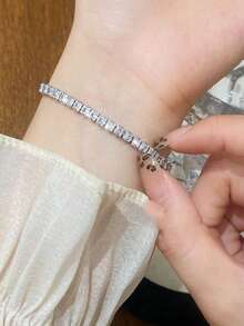 1pc Minimalist Fashion Copper Zirconia Round Tennis Bracelet, Suitable For Men And Women Daily Wear - Silver - View 4