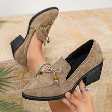 British Style Women's Leather Shoes 2026 Autumn New High Heel Bow Pointed Toe Slip-On Plus Size Shoes - Khaki - View 1