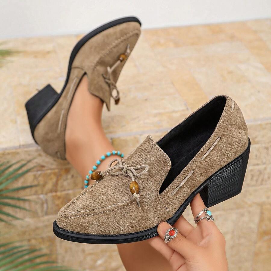 British Style Women's Leather Shoes 2026 Autumn New High Heel Bow Pointed Toe Slip-On Plus Size Shoes - Khaki - View 1