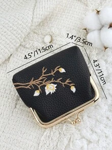 時尚花卉刺繡外觀,多功能且緊湊設計,附夾式開關,便攜式零錢包與卡包 - 黑色 - 查看 8