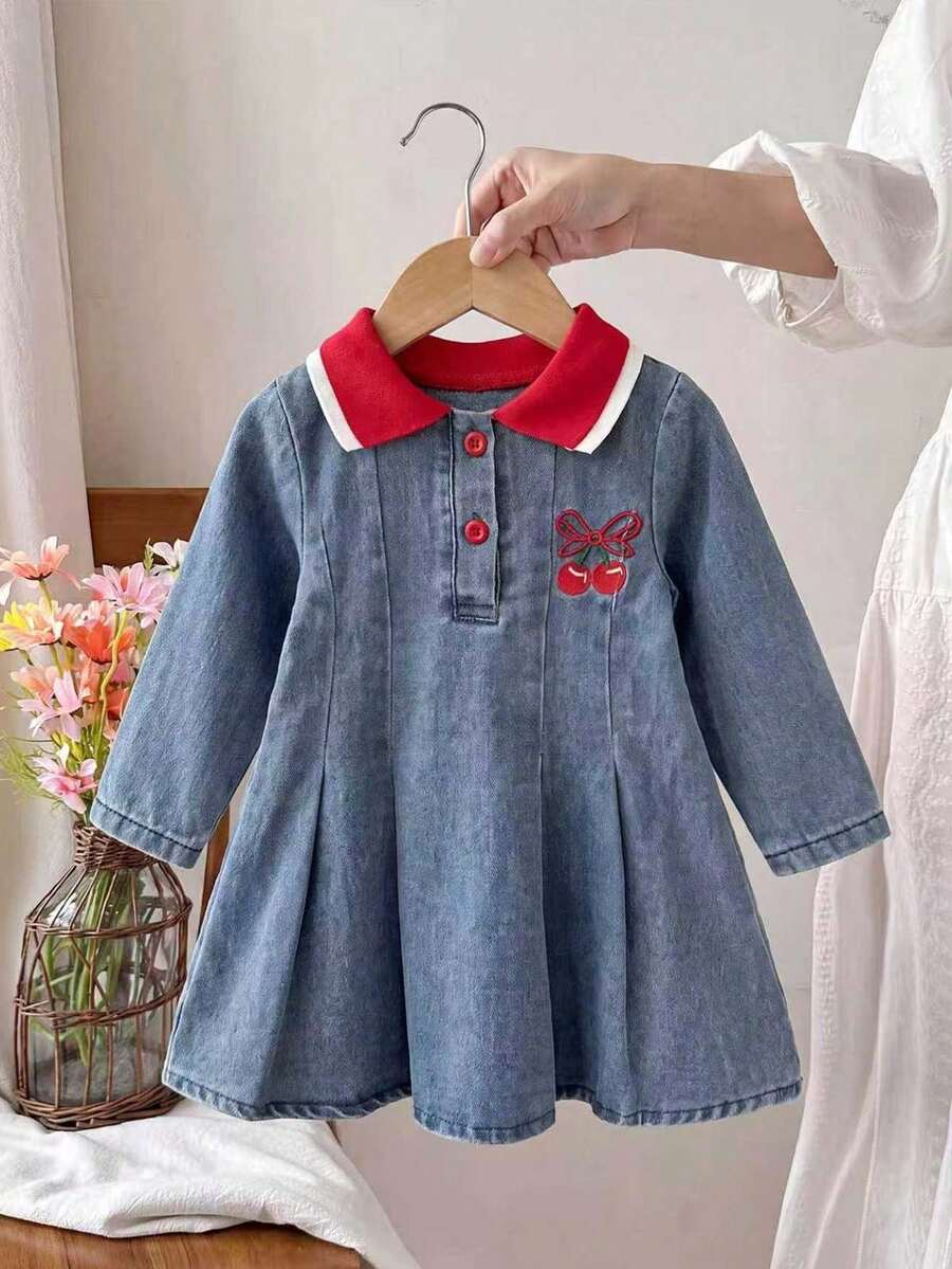 Infant Girls Fashionable Lapel Embroidered Half-Button Front Ruched Hem Long Sleeve Denim Dress - Light Wash - View 1