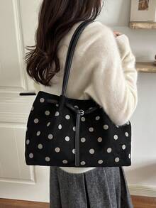 Women's Vintage Polka Dot Print Tote Bag, Large Capacity Casual Handbag, Suitable For Work, Shopping And Daily Use - Black - View 2