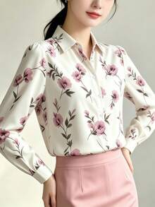 YUXIN 女款現代全花卉印花襯衫，長袖領口鈕扣開襟上衣，適合秋季日常街頭穿著與度假 - 粉色 - 查看 5