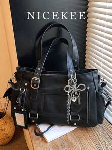 Fashionable Large Capacity Multi Pocket Solid Color Shoulder Bag, Simple Retro Punk Style Daily Underarm Bag, Suitable For Commuting, Daily - Black - View 1