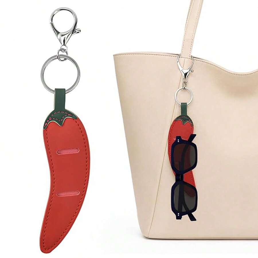 Star Chili Fashion Glasses Holder Bag Accessory | PU Leather Glasses Clip With Solid Metal Keychain, Secure Storage For Glasses Temple - Red - View 1