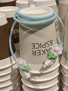 1組甜美花卉數據線保護套，相容Apple 18W/20W，Ins甜美女孩風，送給朋友的理想小禮物，聖誕禮物 - 透藍色花 - 查看 6