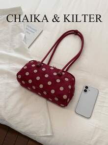CHAIKA & KILTER 1pc Colorblock Matte Suede Fabric Shoulder Bag Women's Fashion Large Capacity Bowling Bag All-Over Polka Dot Pattern Dual Handle Design Zipper Closure Suitable For Daily And Street Use - Red - View 4