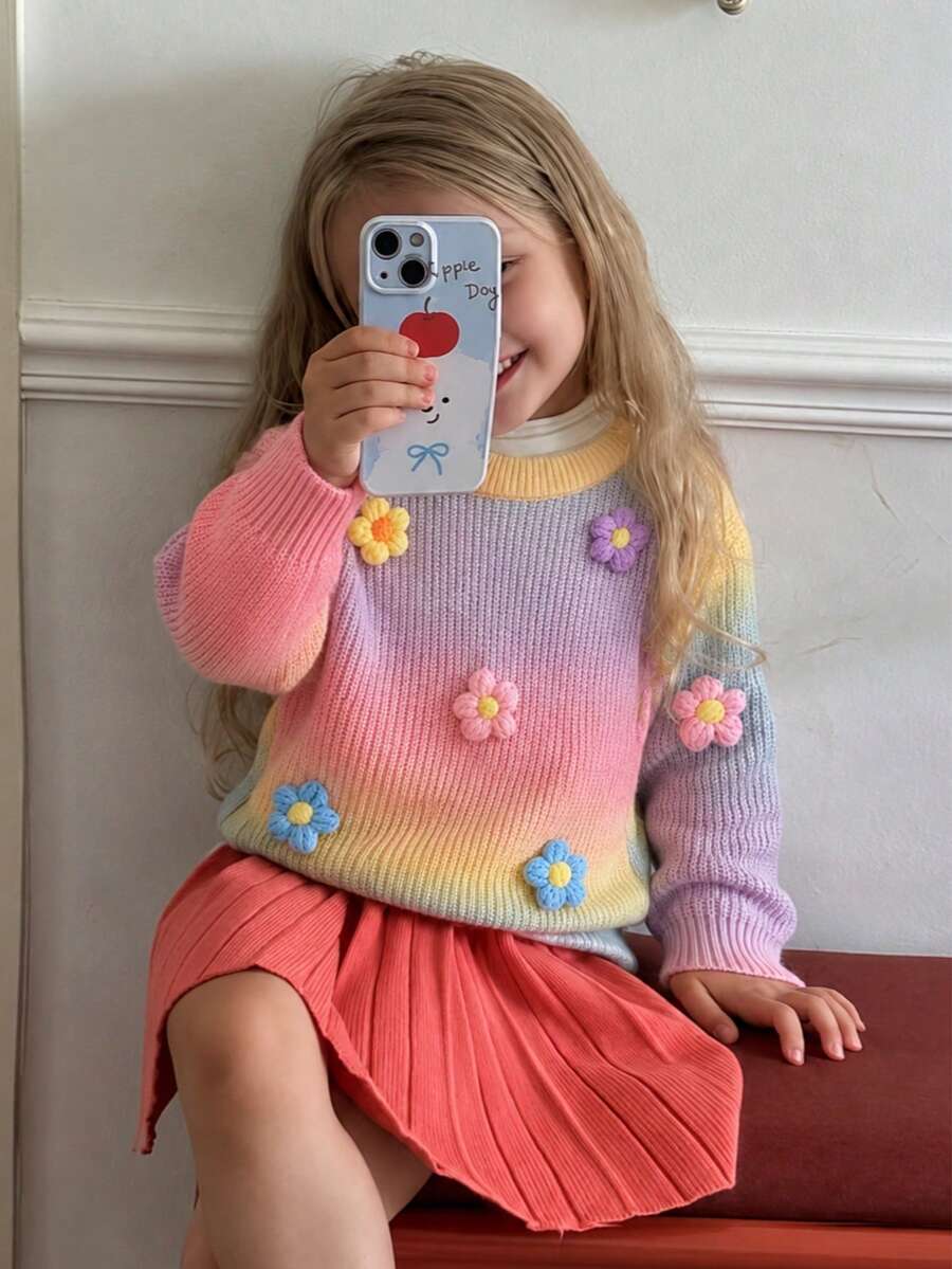 Girls Cute Gradient Color Embroidered Knit Pullover Sweater, Suitable For Vacation, Daily Wear, Spring, Autumn, Winter - Pink - View 1