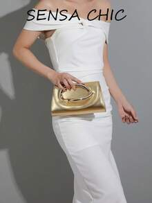 Small Square Metal Ring Handle Handbag With Contrast Stitching Edging, Flap Design, Metallic Glossy Finish, Magnetic Closure, Luxury Evening Style Clutch Bag For Women, Suitable For Banquet, Party, Wedding, Date, Evening Dress Matching, Gold Exquisite Handheld Small Square Bag - Champagne - View 2