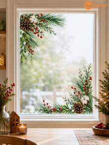 SupSticker 1PC Christmas Window Clings, Reusable No-Glue Static PVC Decals, Pine Branch Red Berry Pinecone Decor For Home Office Shop Glass Doors - IPC - View 1