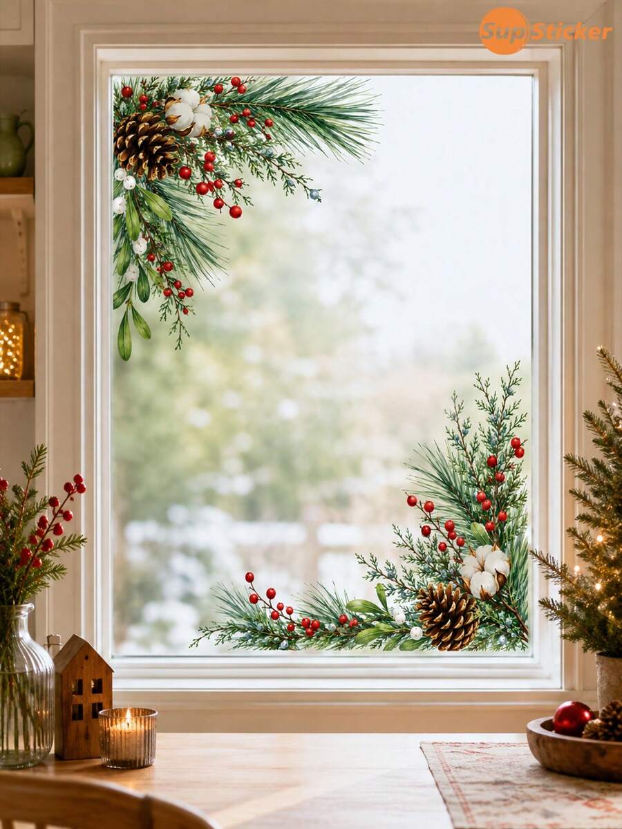 SupSticker 1PC Christmas Window Clings, Reusable No-Glue Static PVC Decals, Pine Branch Red Berry Pinecone Decor For Home Office Shop Glass Doors - IPC - View 1