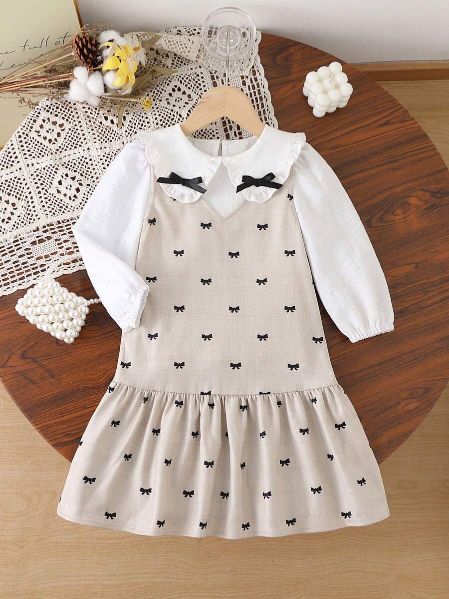 Girls 2pcs Set Long Sleeve Ruffle Peter Pan Collar Princess Style Blouse With Bow Pattern Patchwork Dress Outfit, Autumn/Winter New - Apricot - View 1