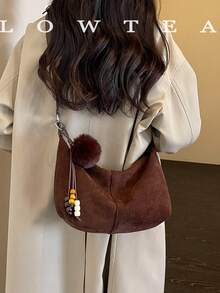 low tea 1pc Minimalist Crescent-Shaped Suede Fabric Shoulder Bag, Suitable For Commuting, Shopping, Etc. (With Pendant) - Coffee - View 11