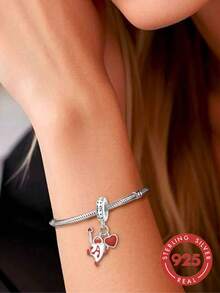 RADIVIDE 1pc S925 Sterling Silver Alice Heart A Poker Card Character Resin Drip Pendant, Fun Cartoon DIY Bracelet Large Hole Bead Charm - Silver - View 4