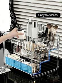 3-Layer Transparent Acrylic Cosmetic Storage Box, Large Capacity Makeup Display Rack, Desktop Drawer Organizer, Made Of Transparent Acrylic Material, Layered Design, Can Store Lipstick, Eye Cream, Cushion, Lotion, Makeup Brushes, Etc.; Equipped With Handle, Convenient To Access, Ideal Choice For Home Storage - Multicolor - View 3