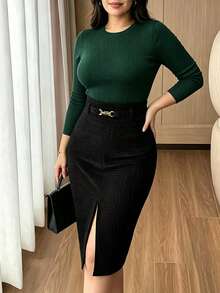 Women's Elegant Velvet Embossed Wrap Skirt With Lining, High Waist Slit With Metal Buckle, Suitable For Daily Wear, Dates And Parties, Autumn, Polyester - Black - View 4