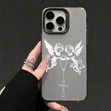 HANCAI 1pc Vintage Black & White Little Angel Cross Rosary Print Large Window Phone Case, Cool Subculture Full Coverage Anti-Drop Soft Shell, Suitable For IPhone17/17Pro/17ProMax/16/16Plus/16ProMax/16e/15ProMax/11/12/12Pro/12ProMax/13/13Pro/13ProMax/14/14Pro/14ProMax, Ins Dark Style Phone Protective Cover - Black Frames In a Translucent Gray - View 3