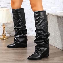 Sepatu bot bertali tebal bersol tebal gaya Eropa dan Amerika, model vintage ujung runcing, sepatu bot fashion runway, sepatu bot untuk rok panjang. - Hitam - View 3