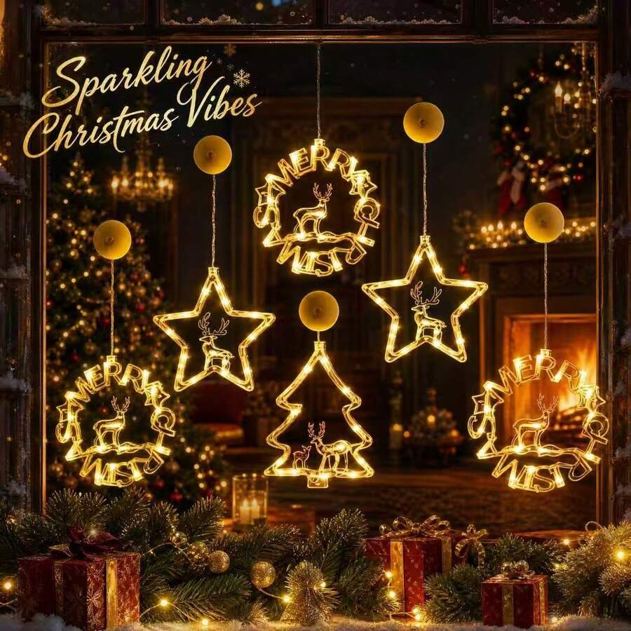 Christmas LED Suction Cup Window Hanging Lights, Star Reindeer Tree Shaped Warm White Fairy Lights, Christmas Holiday Home Decor - Suction Cup Light - View 1