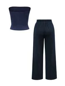 Vaiaye 2pcs Set Autumn Clothing Fitted Sexy Strapless Cropped Top Basic Camisole Solid Color Elastic Fitted Yoga Bandeau Top, Spring/Summer Elegant - Navy - View 4