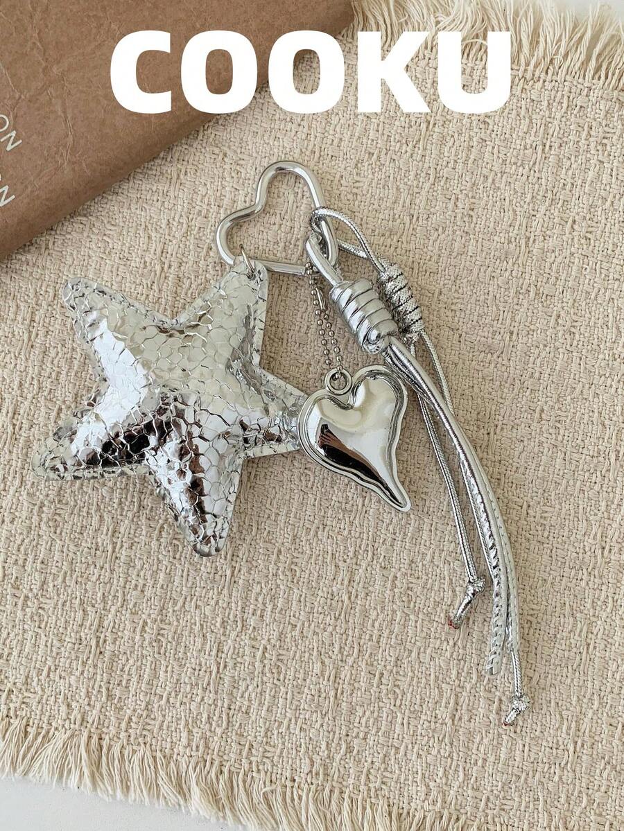 1pc + Silver Pentagram Heart Key Pendant, Glossy PU Pentagram Accessory With Heart Metal Clasp And Braided Hanging Rope Design, Suitable For Bag Decoration, Key Charm, Daily Matching, Can Hang Keys, Bags, Suitable As Christmas Gift, Mother's Day Gift, Birthday Gift, Birthday Surprise - Silver - View 1