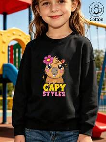 Girls' Cotton Top, Printed, Comfortable, Relaxed-Fit Dropped-Shoulder Sweatshirt, Round-Neck Oversized Sweatshirt - Black - View 2