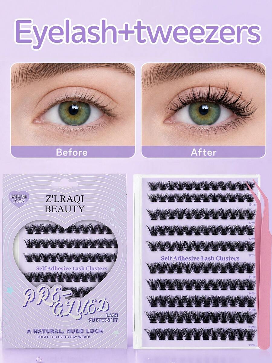 120pcs Self Adhesive Lashes+Fake Lashes Tweezers Segmented Ultra Soft, Naturally Curled, Slender, Grafted Eyelashes For Enlarged Eyes, Portable For Daily Commuting, Lightweight And Non Irritating To The Eyes Glue Free Eyelash - View 1